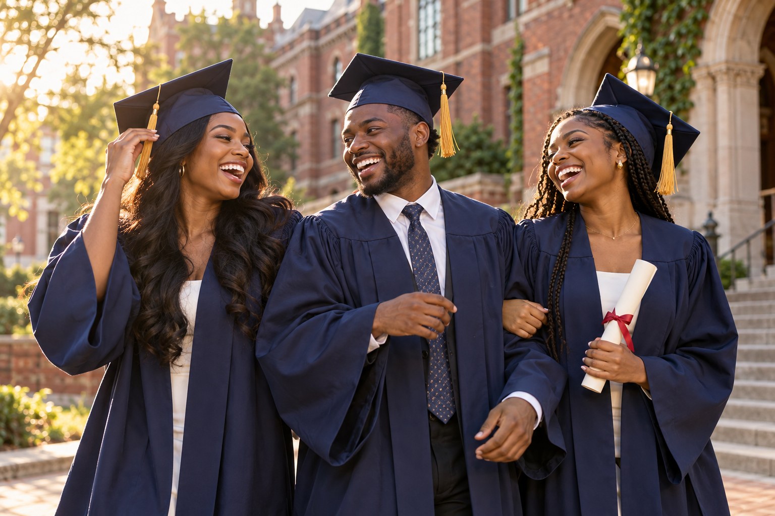 AI-generated image of fictional adult Nigerian university graduates celebrating together.