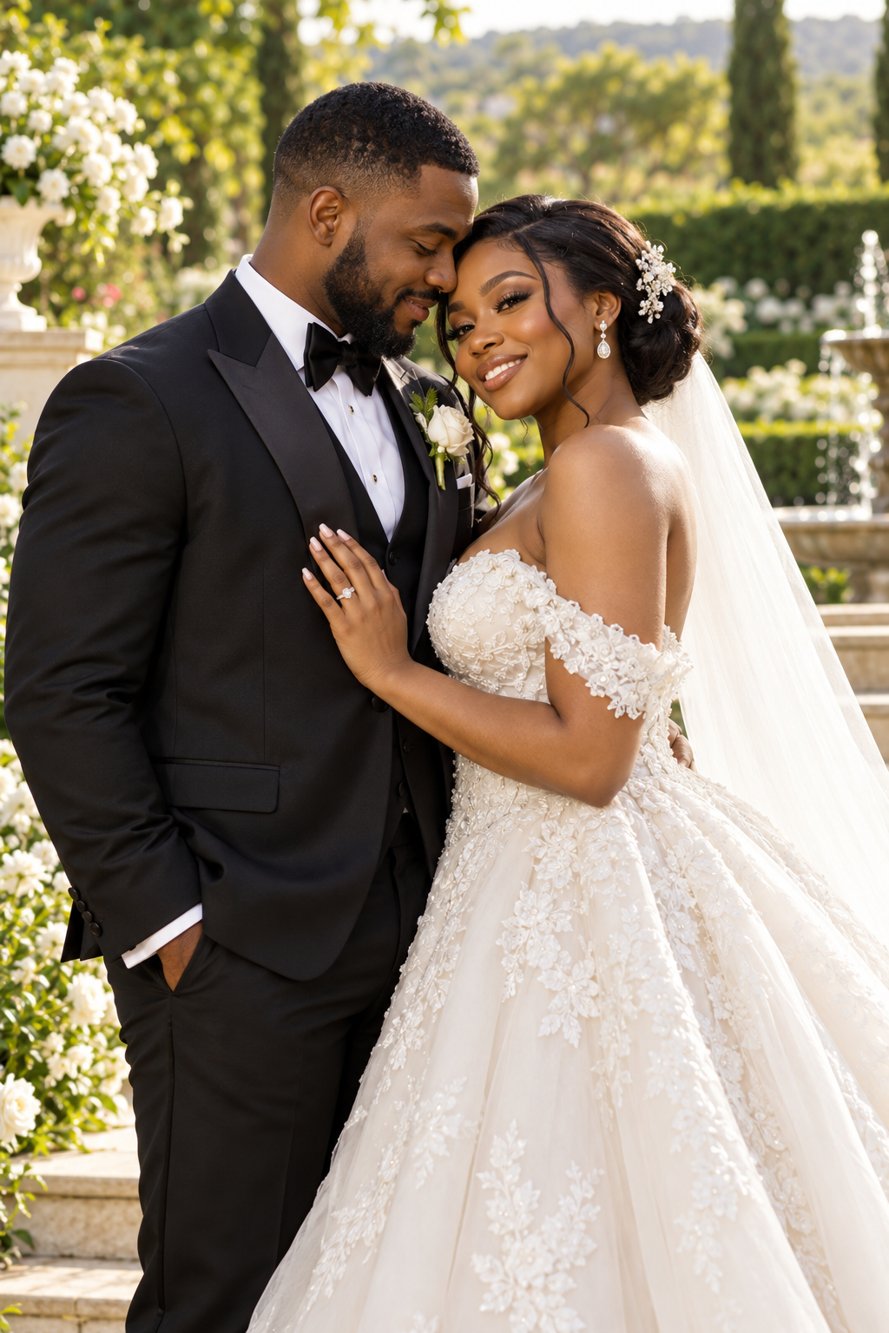 Fictional newlyweds on a sample wedding cover